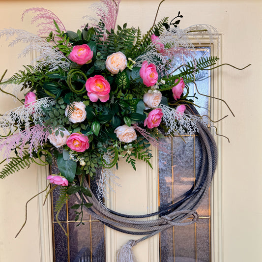 Spring Lariat Rope Wreath – Pink Ranunculus & Blush Rose Front Door Decor | Rustic Western Floral Statement