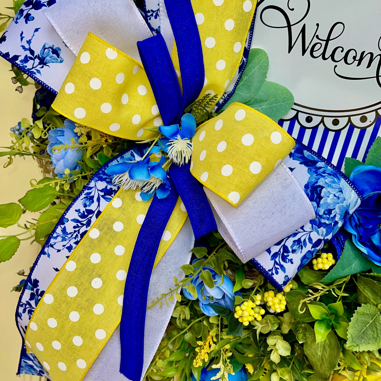 Welcome Deco Mesh Wreath | Blue and Yellow Floral Décor for Front Door