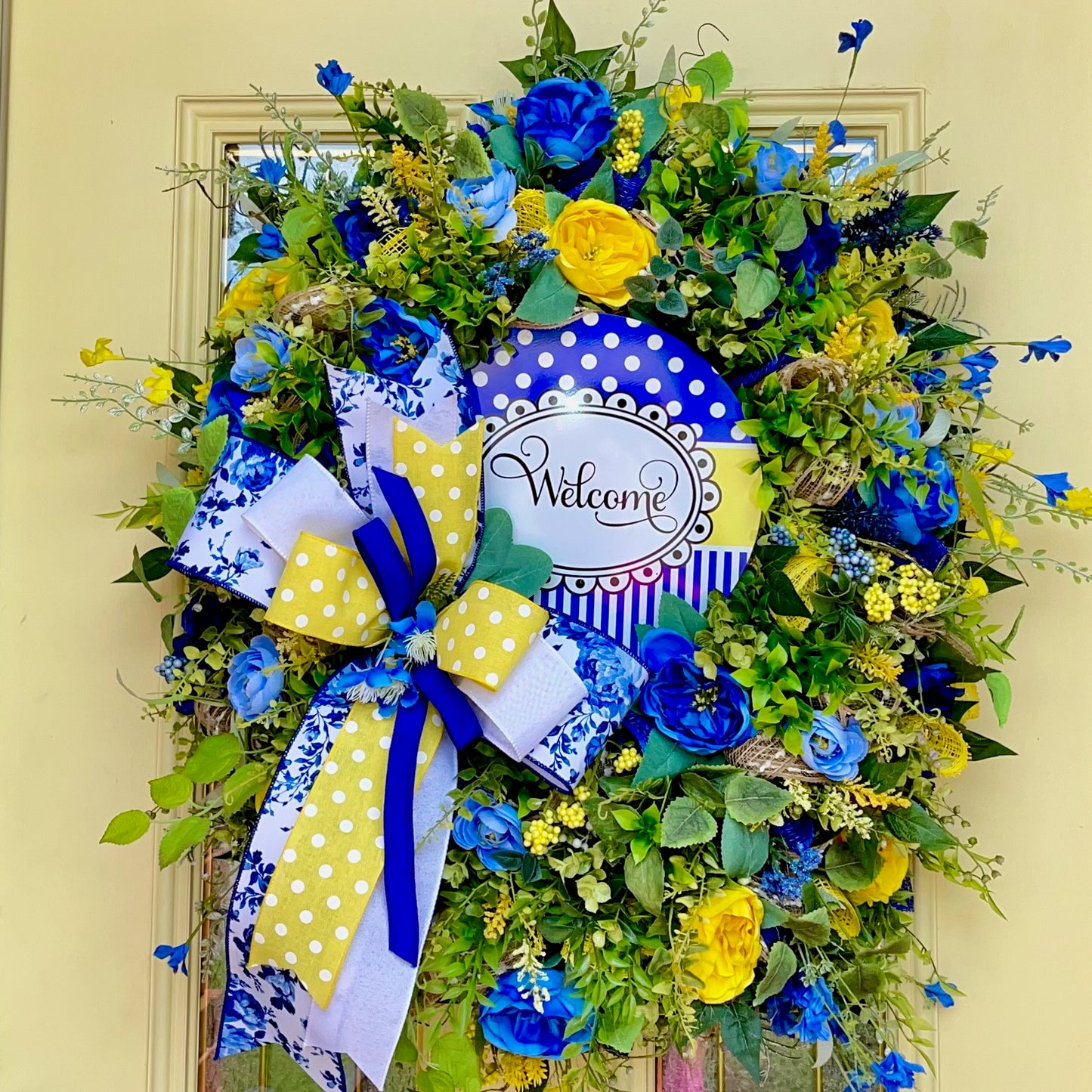 Welcome Deco Mesh Wreath | Blue and Yellow Floral Décor for Front Door