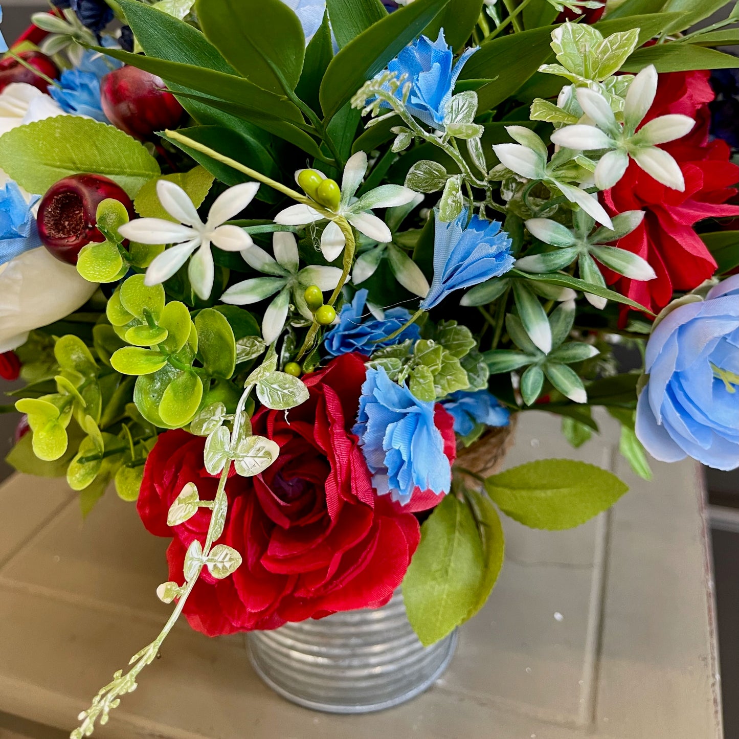 Patriotic Floral Arrangement in Rustic Tin Bucket