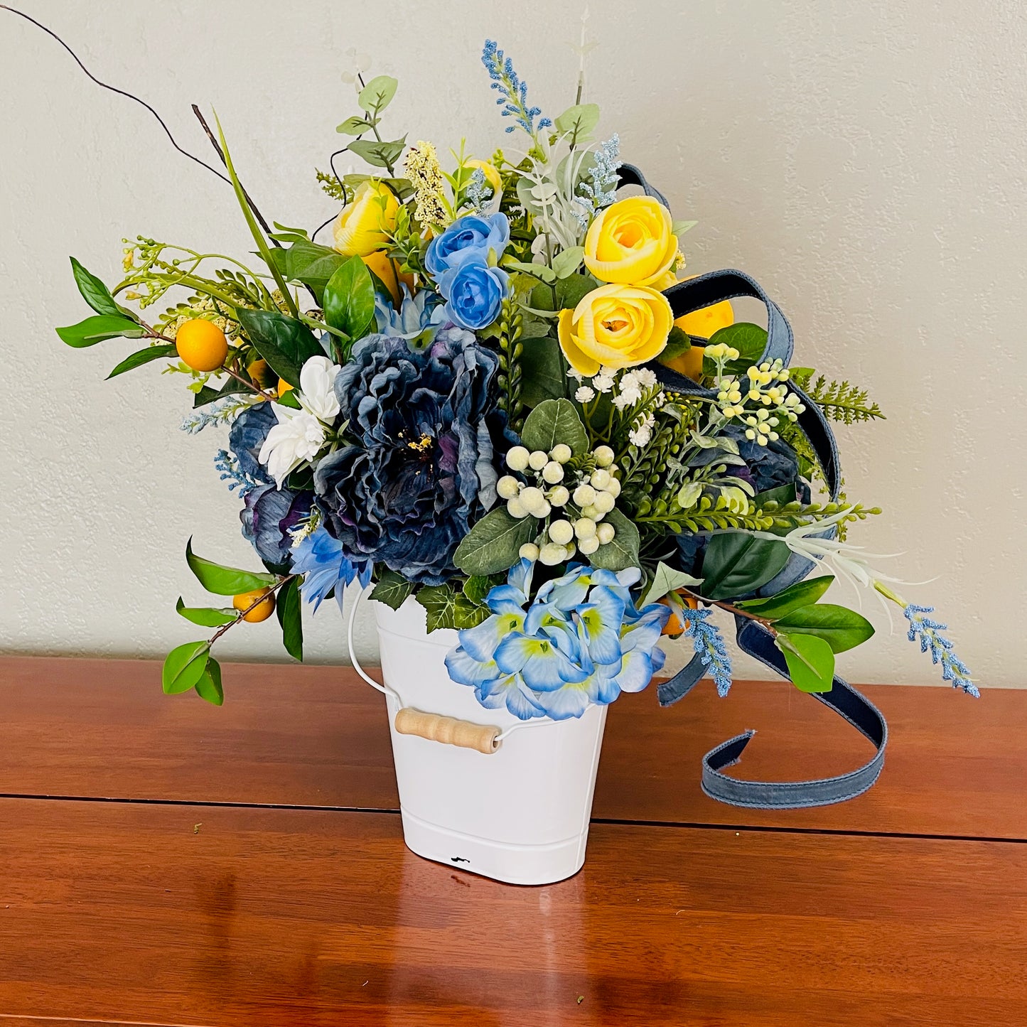 Farmhouse Lemon & Blue Floral Arrangement – Rustic Summer Centerpiece – Kitchen Table Décor