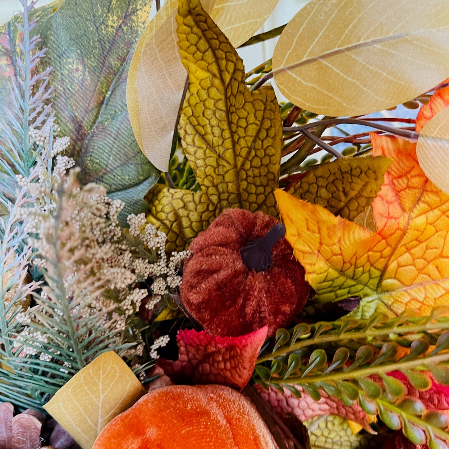 Handmade Fall Grapevine Wreath with Velvet Pumpkins and Autumn Plaid Bow – Rustic Farmhouse Door Decor