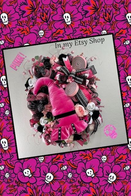 Halloween Party Supply Pink Halloween Door Decor Pink Decor Witch Hat Spiders Halloween Wreath Office Decor Pink Witch Hat