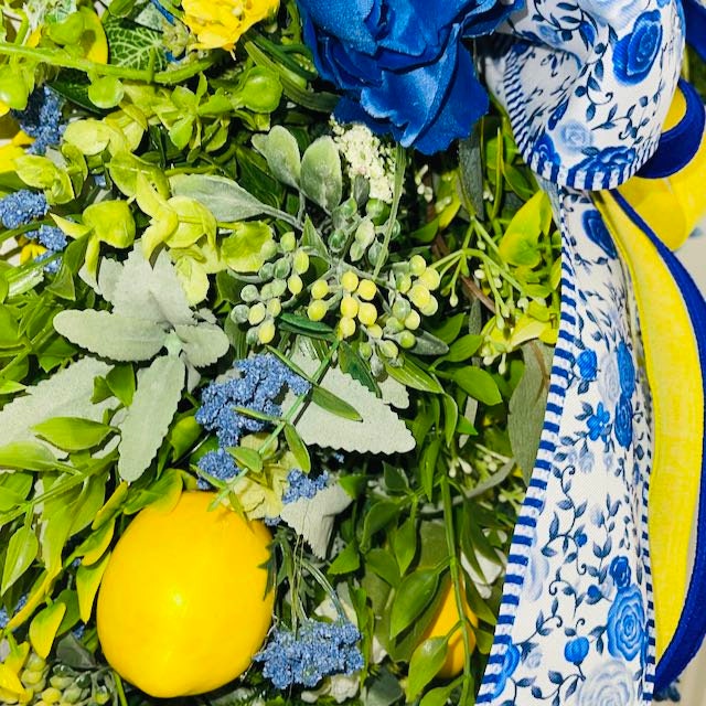 Lemon Wreath Rustic Farmhouse Blue Peonies Kitchen Decor Front Door Home Decor Florals Handmade Porch Decor Blue and Yellow Summer