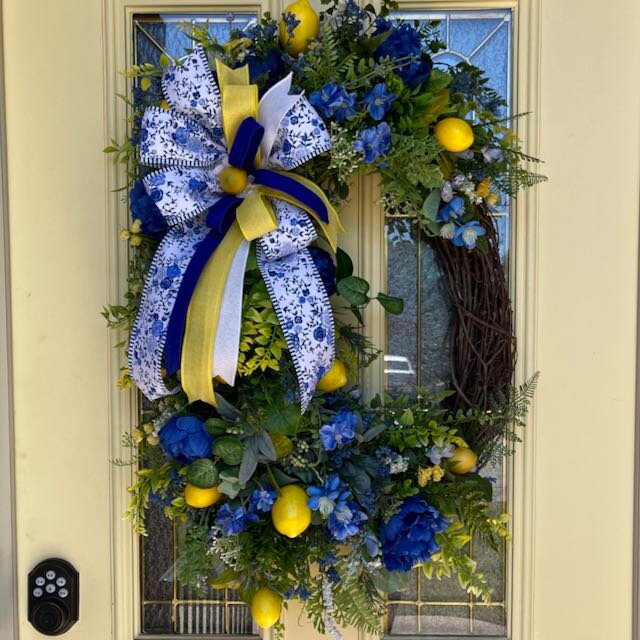 Lemon Wreath Rustic Farmhouse Blue Peonies Kitchen Decor Front Door Home Decor Florals Handmade Porch Decor Blue and Yellow Summer