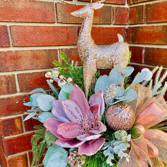 Deer Candle Stick Centerpiece Elegant Christmas Décor with Pink Poinsettia for Entry Way or Tabletop Arrangement Holiday Decorations
