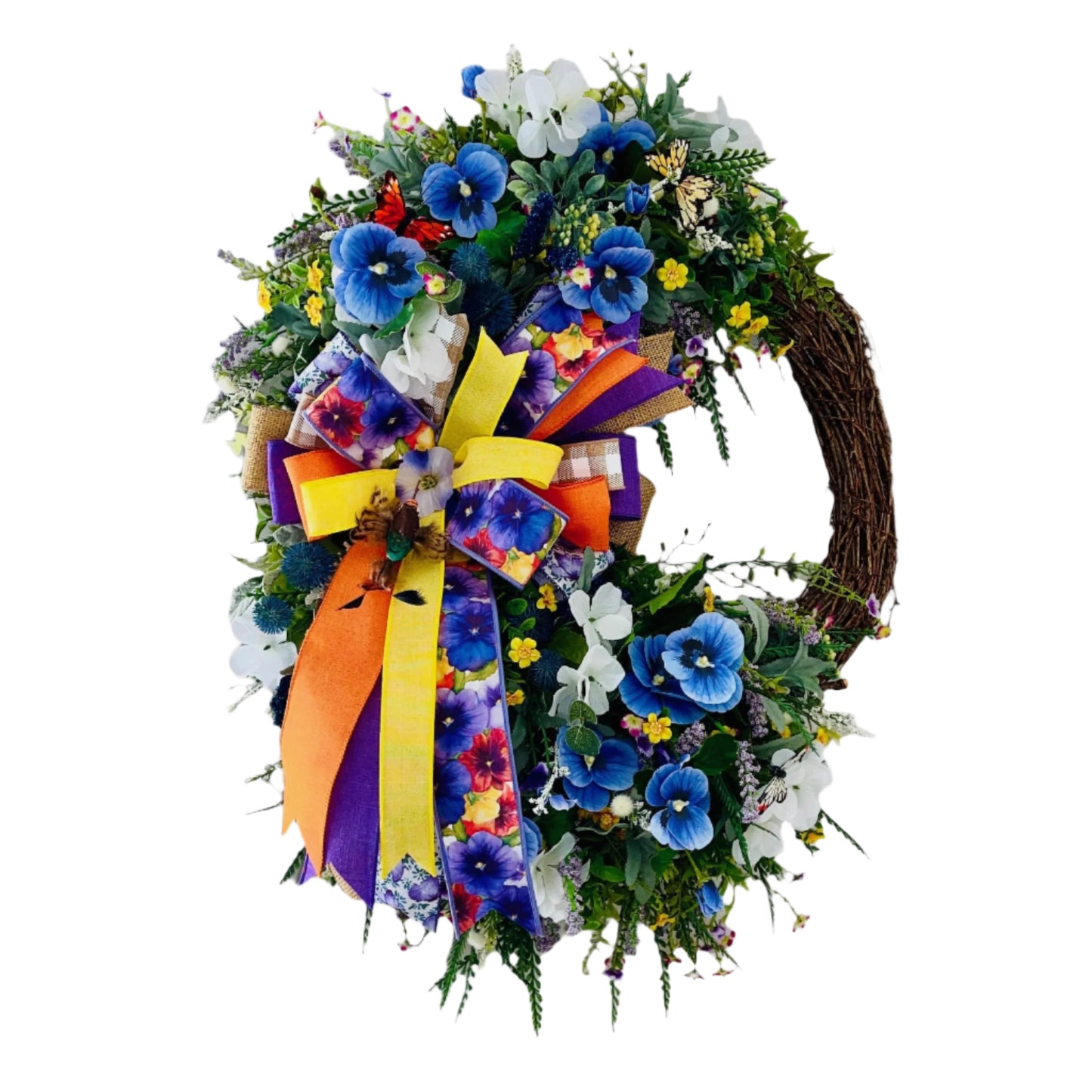 Everyday Wreath for front door with Purple Pansies White Hydrangeas Orange Butterflies. Floral Home Decor Spring Decorations Hummingbird