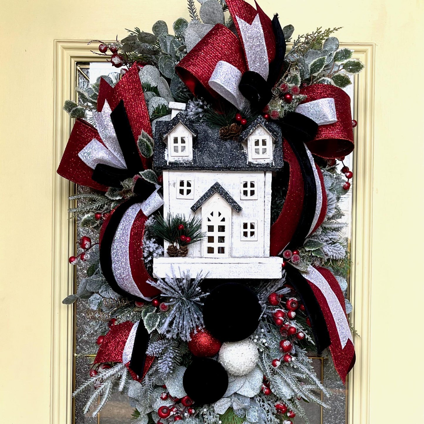 Christmas Swag Lighted Black White House Icy Greenery Glittered Red White Black Velvet Bow Holiday Decorations Office Decor Gift Ideas