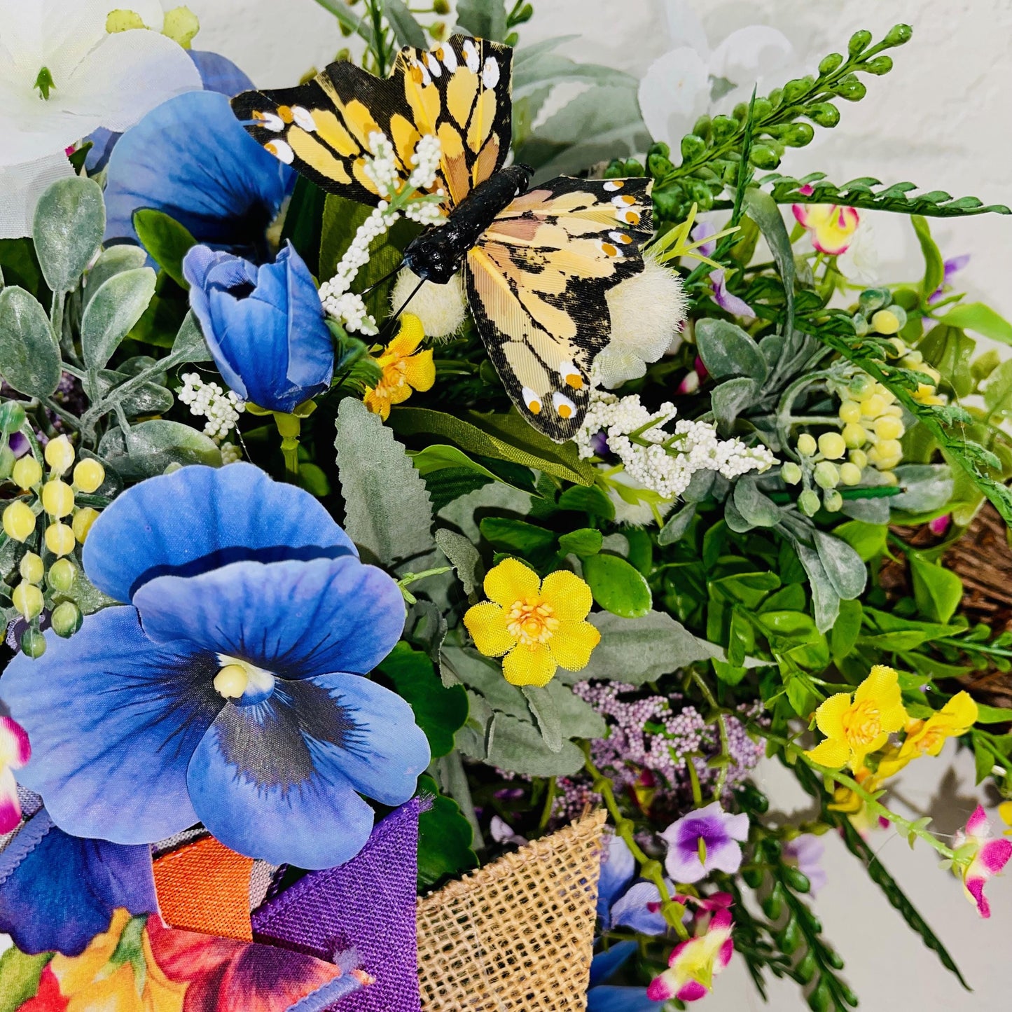Everyday Wreath for front door with Purple Pansies White Hydrangeas Orange Butterflies. Floral Home Decor Spring Decorations Hummingbird