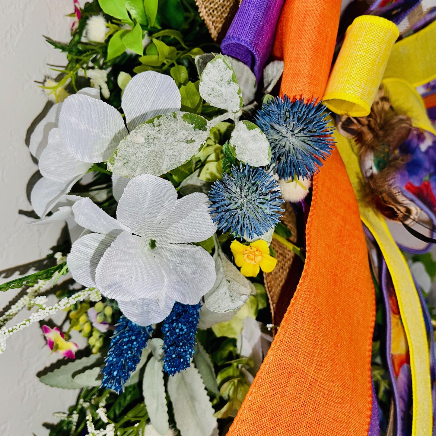 Everyday Wreath for front door with Purple Pansies White Hydrangeas Orange Butterflies. Floral Home Decor Spring Decorations Hummingbird
