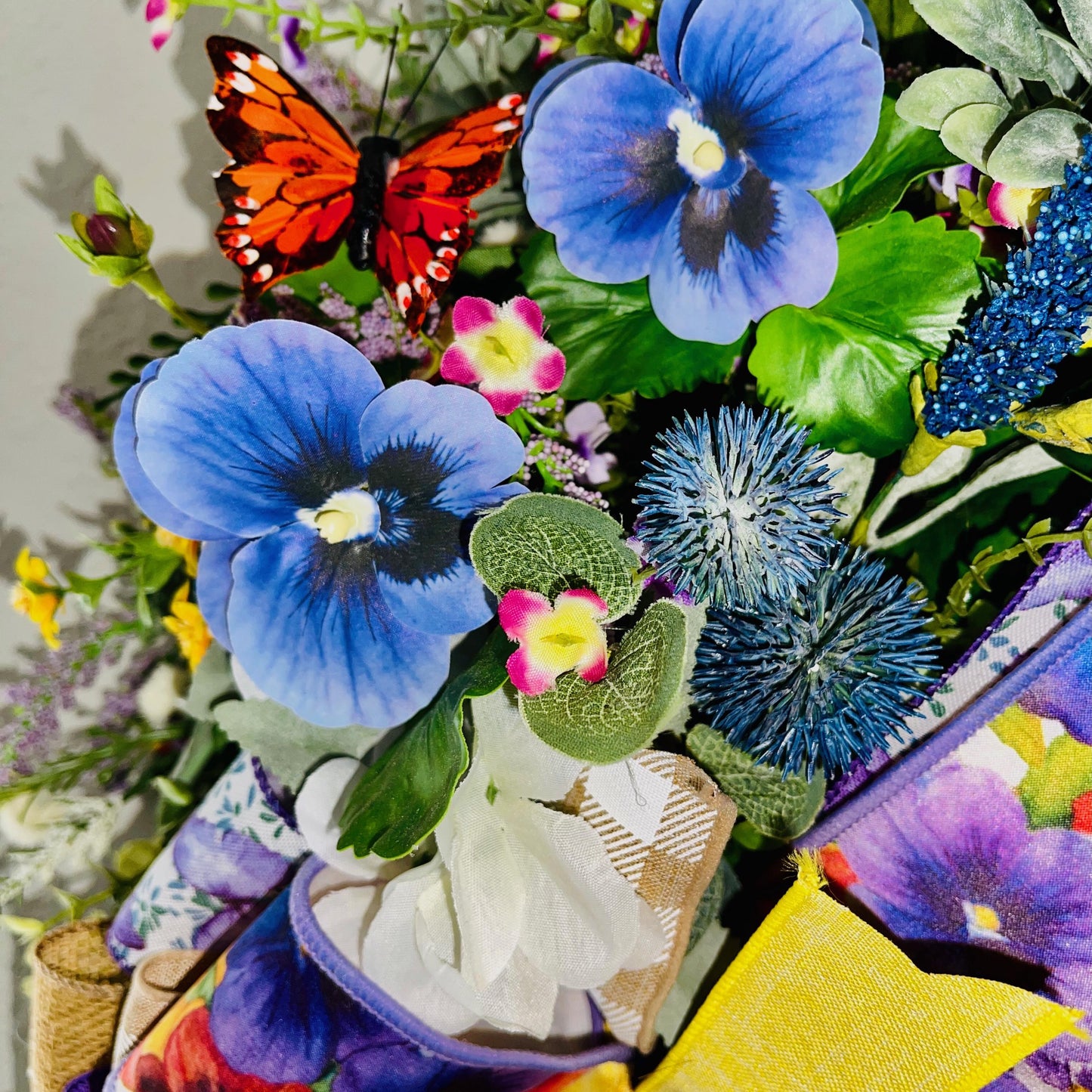 Everyday Wreath for front door with Purple Pansies White Hydrangeas Orange Butterflies. Floral Home Decor Spring Decorations Hummingbird