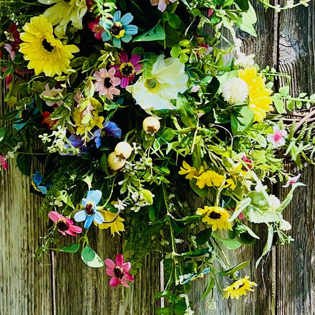 Farmhouse Wildflower Floral Wreath for Front Door, Rustic Floral Porch Decorations. Office Decor or Mother's Day Gift, Indoor Summer Decor