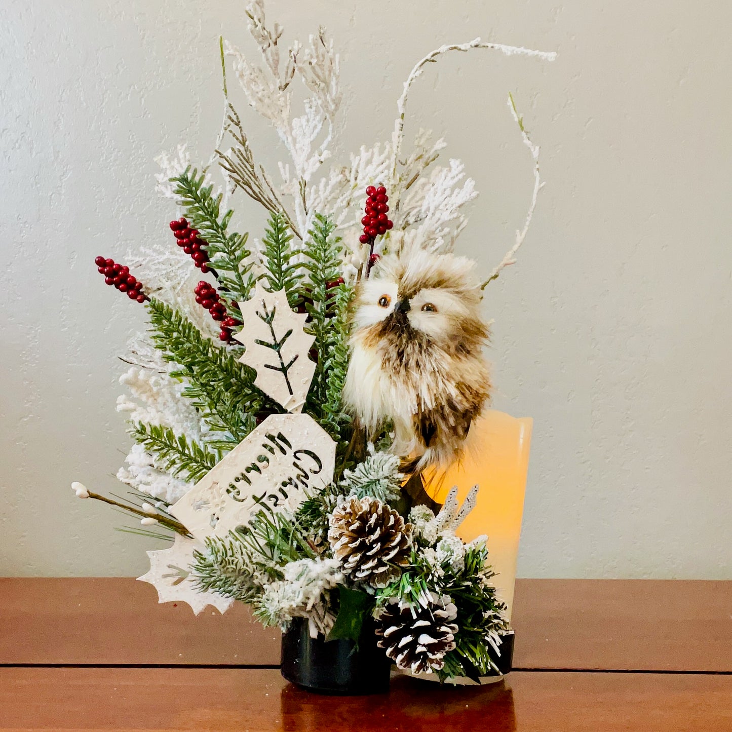 Holiday Wine Bottle Arrangement with Owl – Rustic Christmas Gift for Teachers, Coworkers & Friends