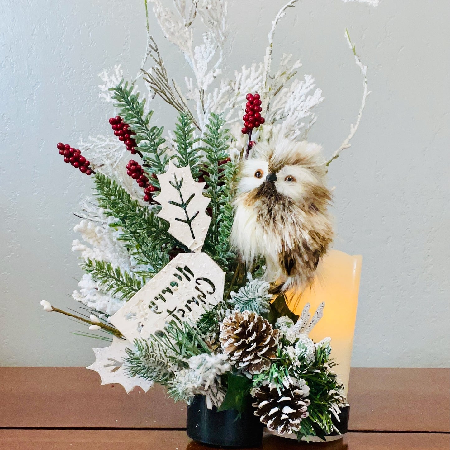 Holiday Wine Bottle Arrangement with Owl – Rustic Christmas Gift for Teachers, Coworkers & Friends