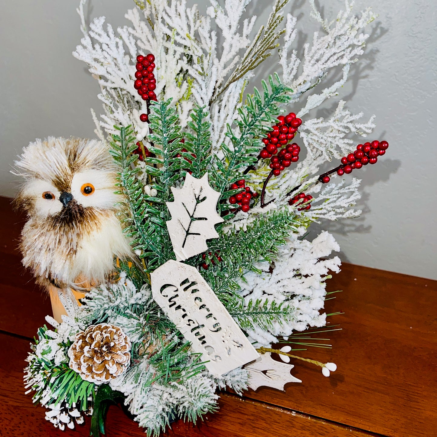 Holiday Wine Bottle Arrangement with Owl – Rustic Christmas Gift for Teachers, Coworkers & Friends