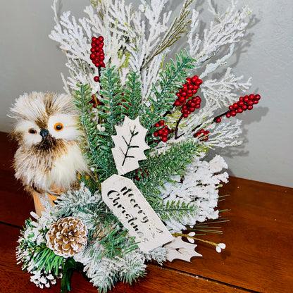 Holiday Wine Bottle Arrangement with Owl – Rustic Christmas Gift for Teachers, Coworkers & Friends
