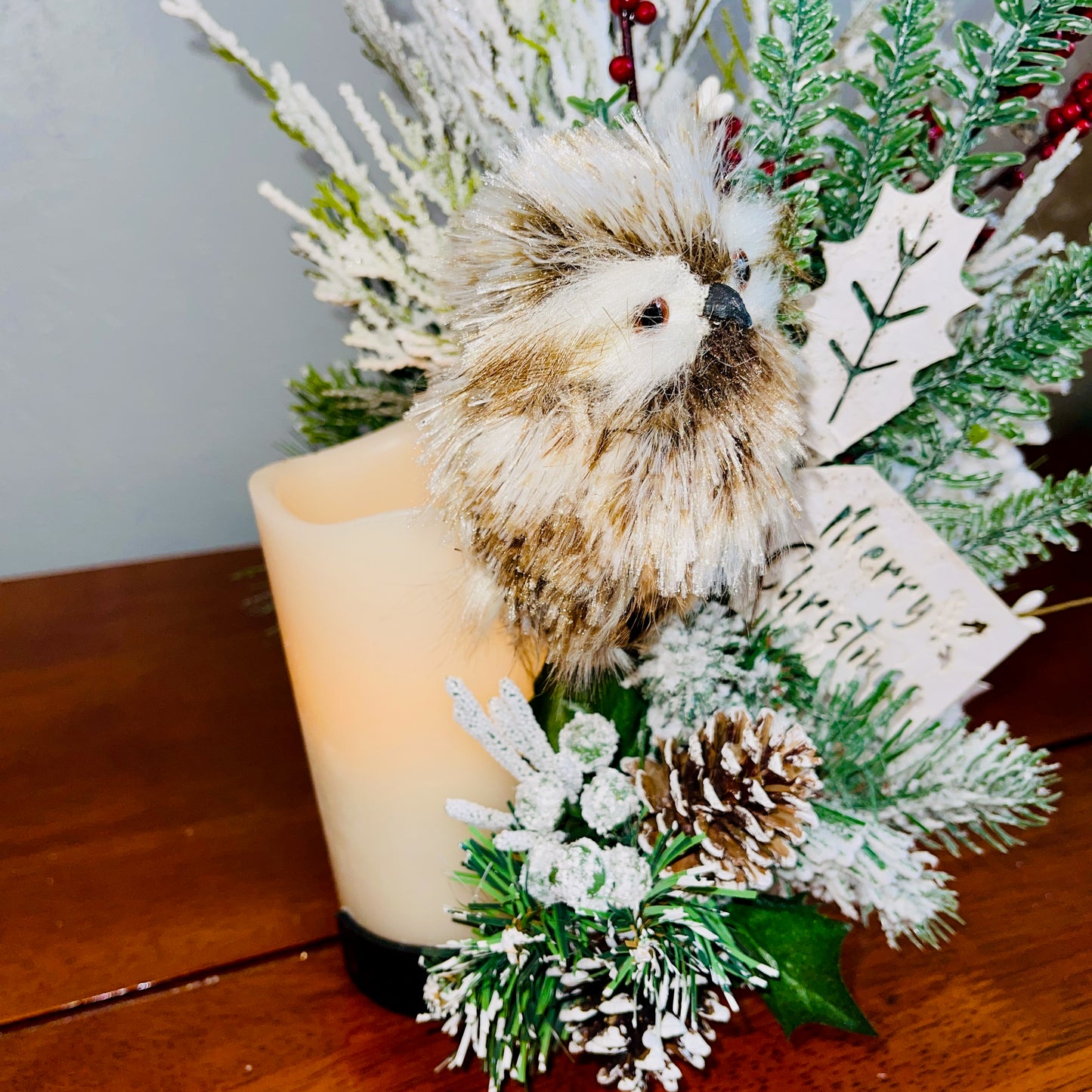 Holiday Wine Bottle Arrangement with Owl – Rustic Christmas Gift for Teachers, Coworkers & Friends