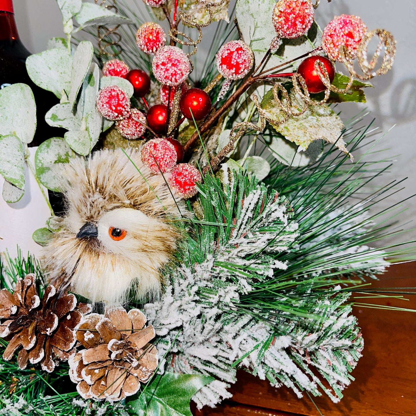 Holiday Wine Bottle Arrangement with Owl – Rustic Christmas Gift for Teachers, Coworkers & Friends (Copy)