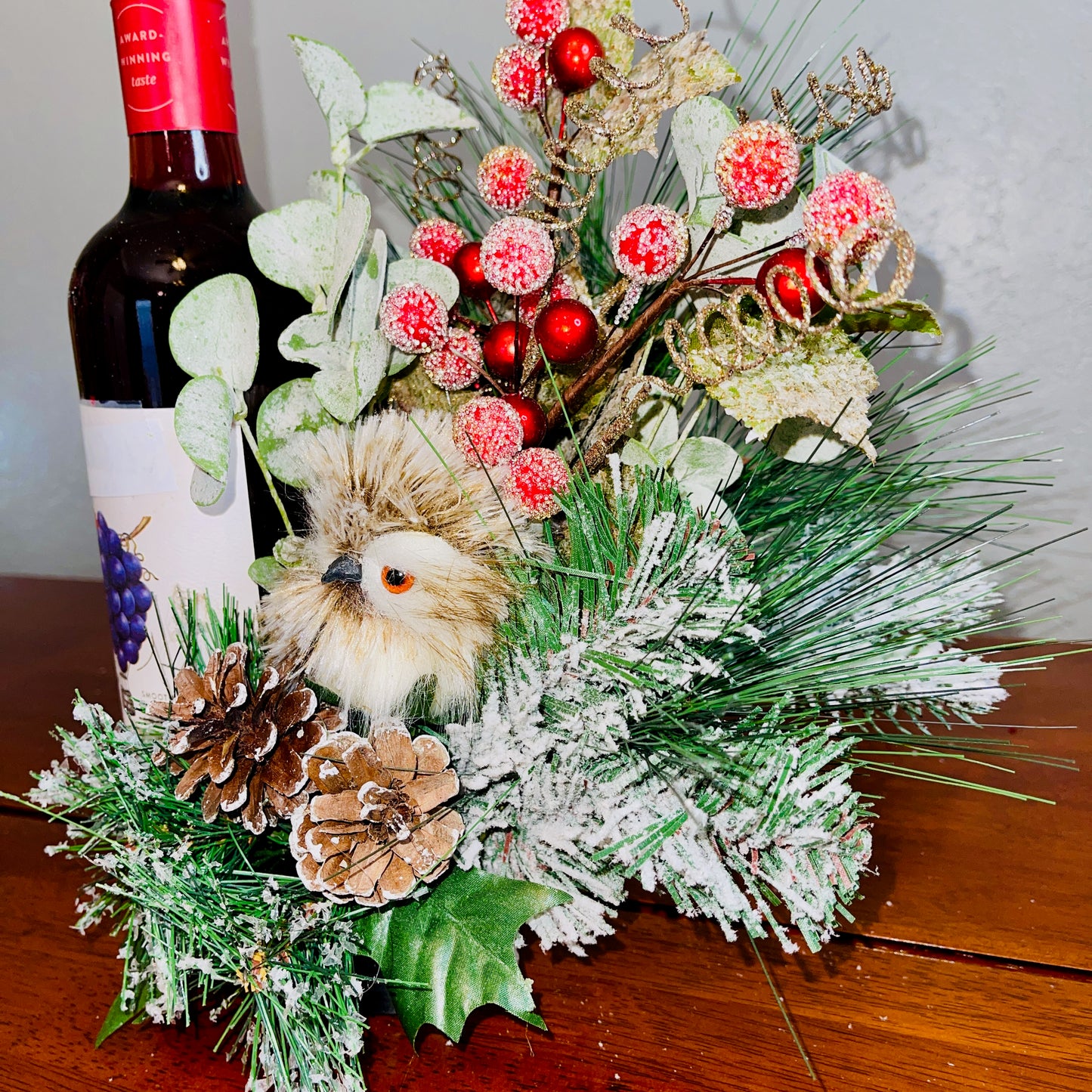 Holiday Wine Bottle Arrangement with Owl – Rustic Christmas Gift for Teachers, Coworkers & Friends (Copy)