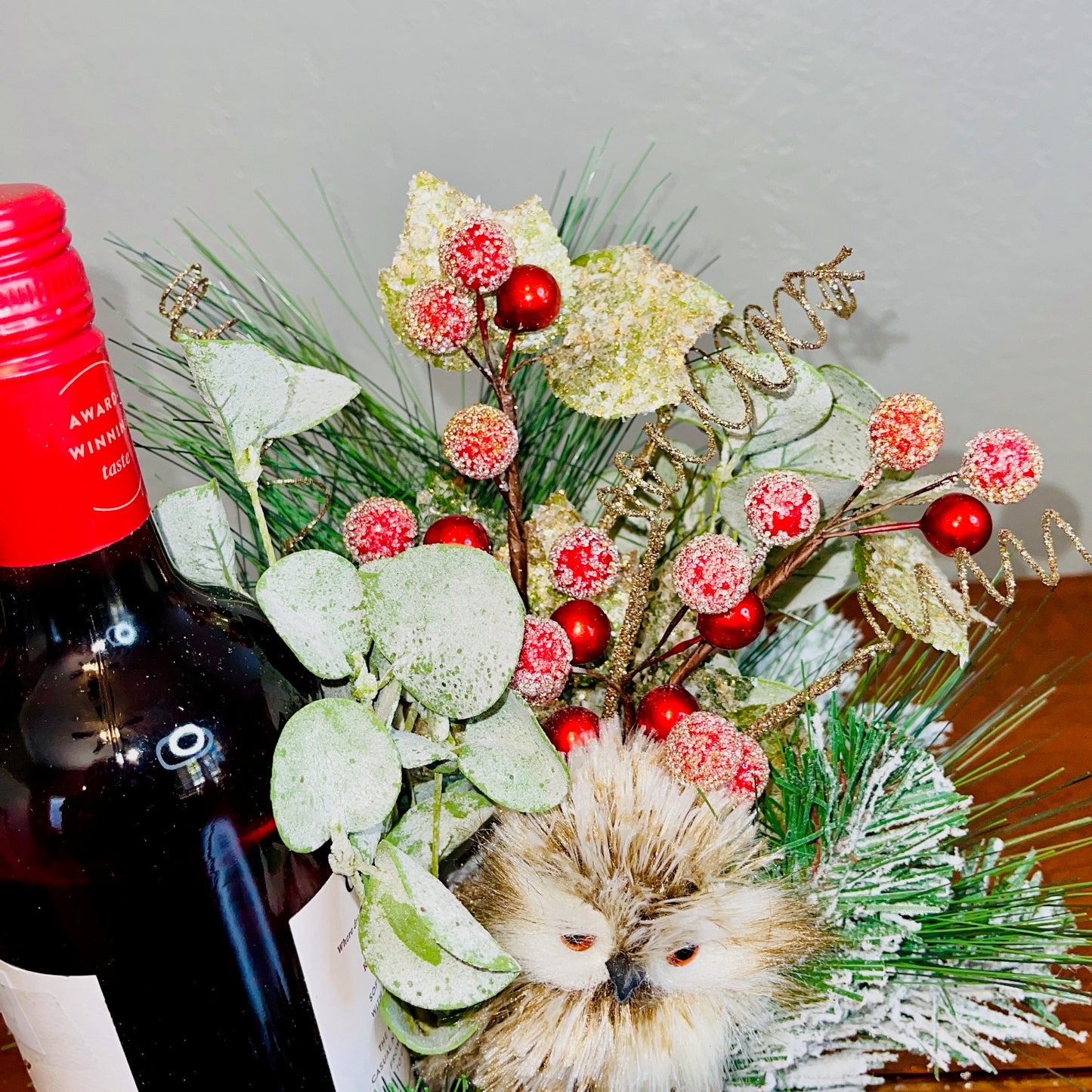 Holiday Wine Bottle Arrangement with Owl – Rustic Christmas Gift for Teachers, Coworkers & Friends (Copy)