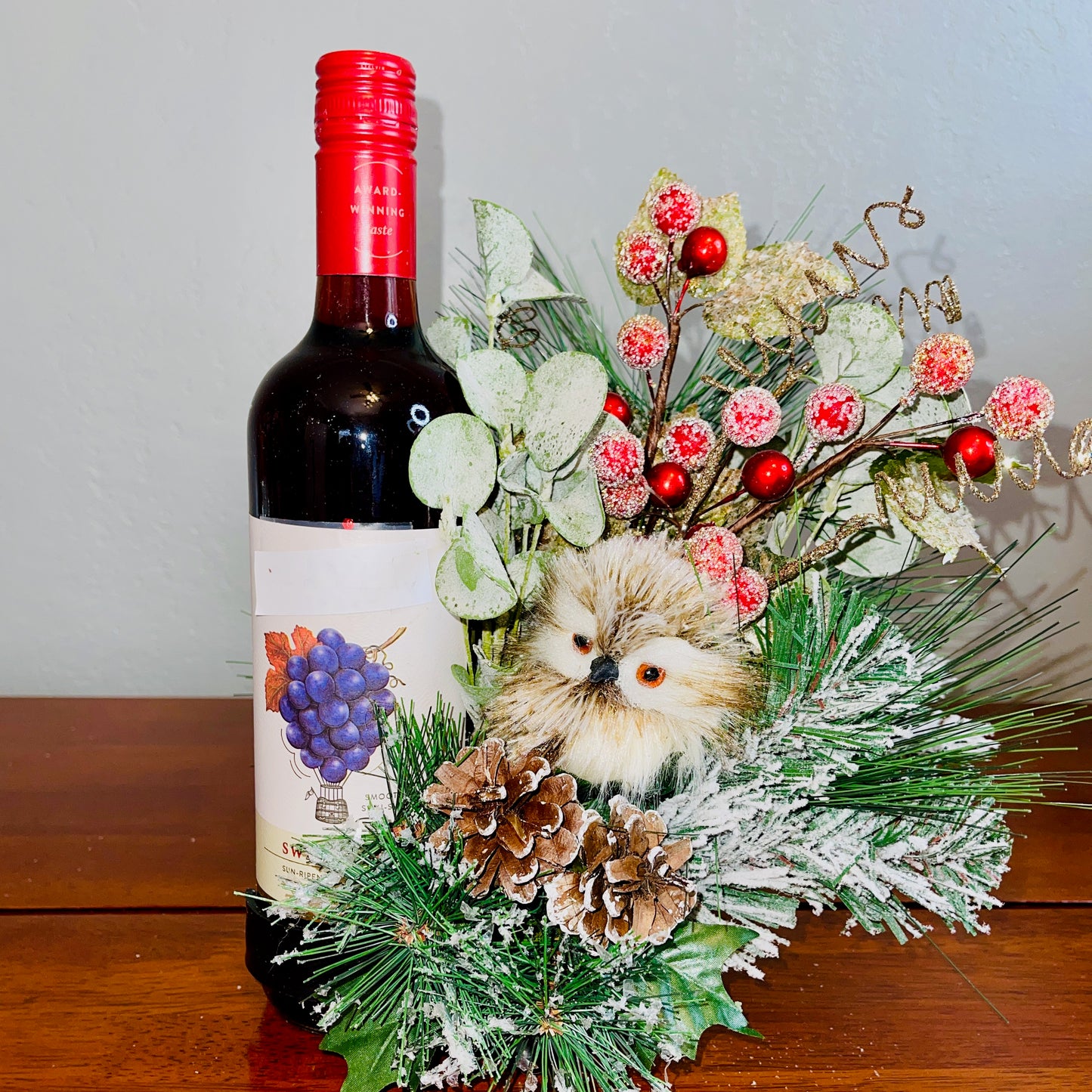 Holiday Wine Bottle Arrangement with Owl – Rustic Christmas Gift for Teachers, Coworkers & Friends (Copy)