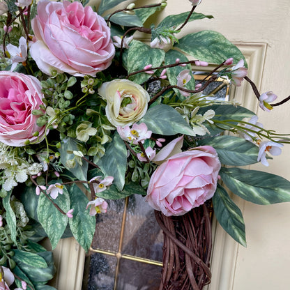 Romantic Pink Rose Grapevine Wreath | Front Door Decor for Spring