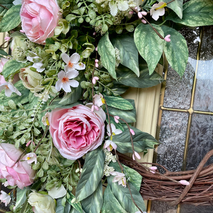 Romantic Pink Rose Grapevine Wreath | Front Door Decor for Spring