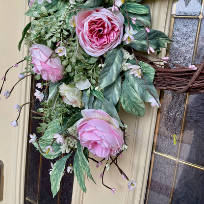Romantic Pink Rose Grapevine Wreath | Front Door Decor for Spring