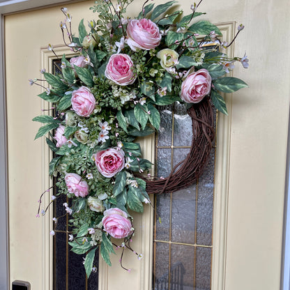 Romantic Pink Rose Grapevine Wreath | Front Door Decor for Spring