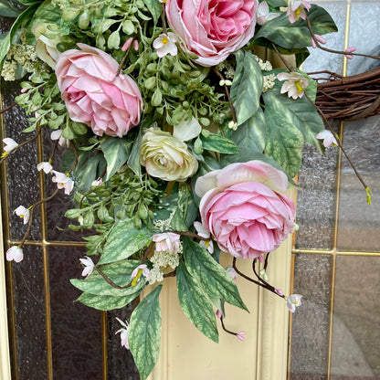 Romantic Pink Rose Grapevine Wreath | Front Door Decor for Spring