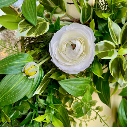 Handcrafted lush greenery front door wreath with white roses. Elegant farmhouse decor perfect for spring, summer, and year-round display.