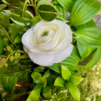 Handcrafted lush greenery front door wreath with white roses. Elegant farmhouse decor perfect for spring, summer, and year-round display.