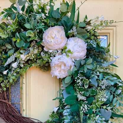 Ivory Peony & Greenery Grapevine Wreath – Elegant Neutral Spring Front Door Decor