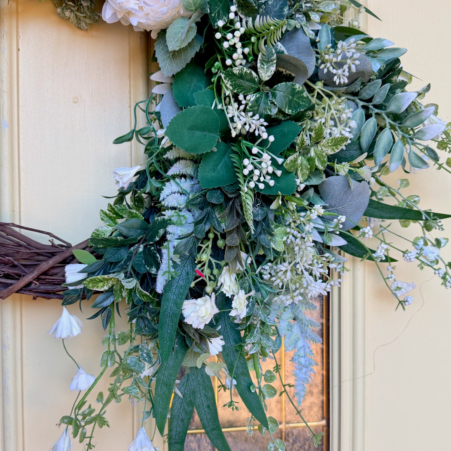 Ivory Peony & Greenery Grapevine Wreath – Elegant Neutral Spring Front Door Decor