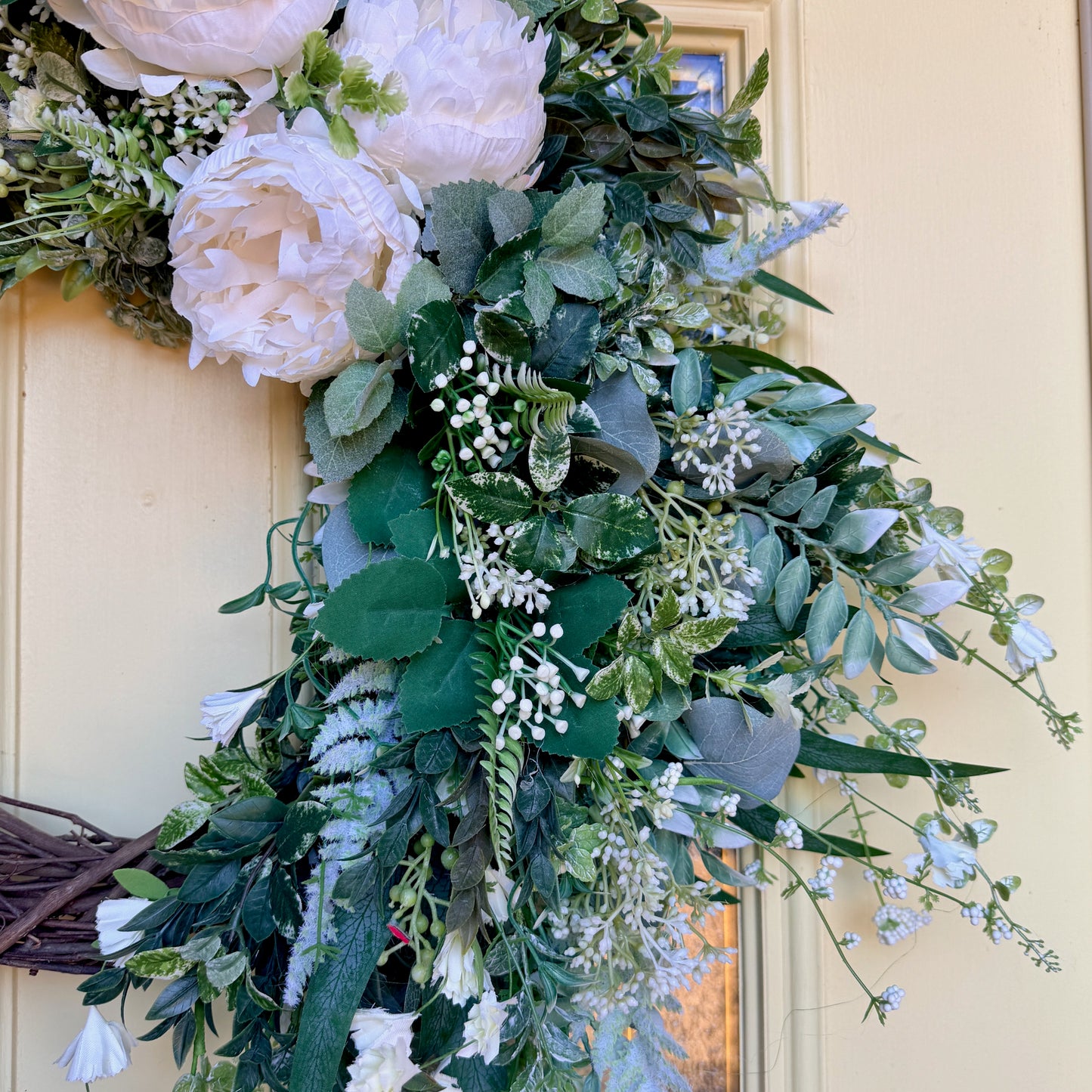 Ivory Peony & Greenery Grapevine Wreath – Elegant Neutral Spring Front Door Decor