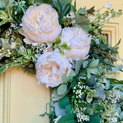 Ivory Peony & Greenery Grapevine Wreath – Elegant Neutral Spring Front Door Decor