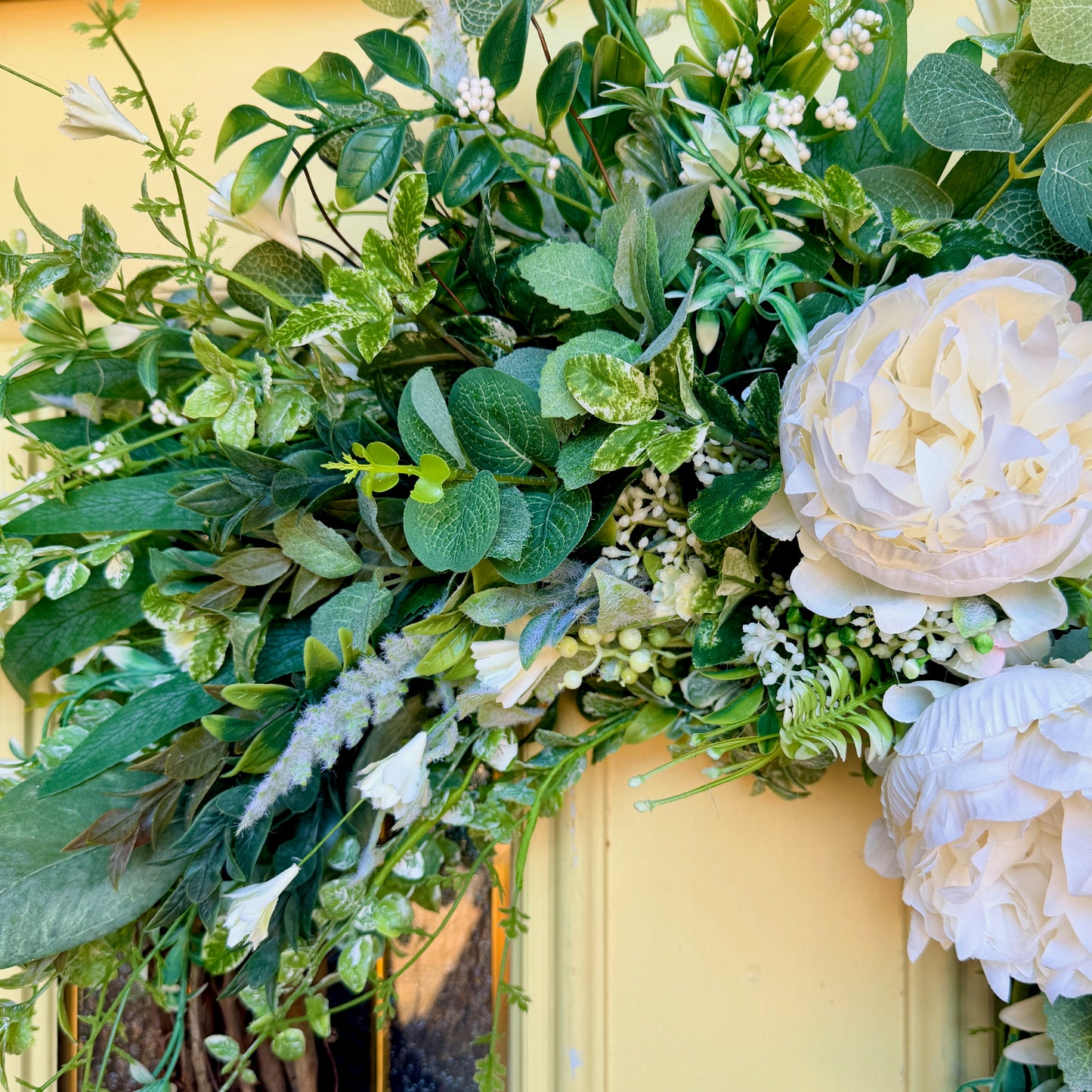 Ivory Peony & Greenery Grapevine Wreath – Elegant Neutral Spring Front Door Decor
