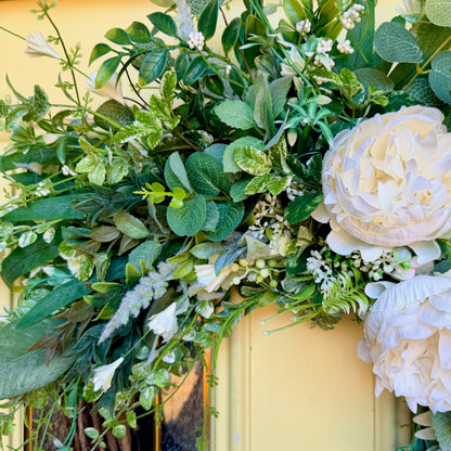 Ivory Peony & Greenery Grapevine Wreath – Elegant Neutral Spring Front Door Decor