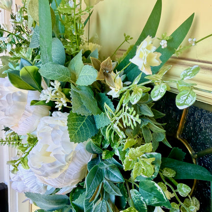 Ivory Peony & Greenery Grapevine Wreath – Elegant Neutral Spring Front Door Decor