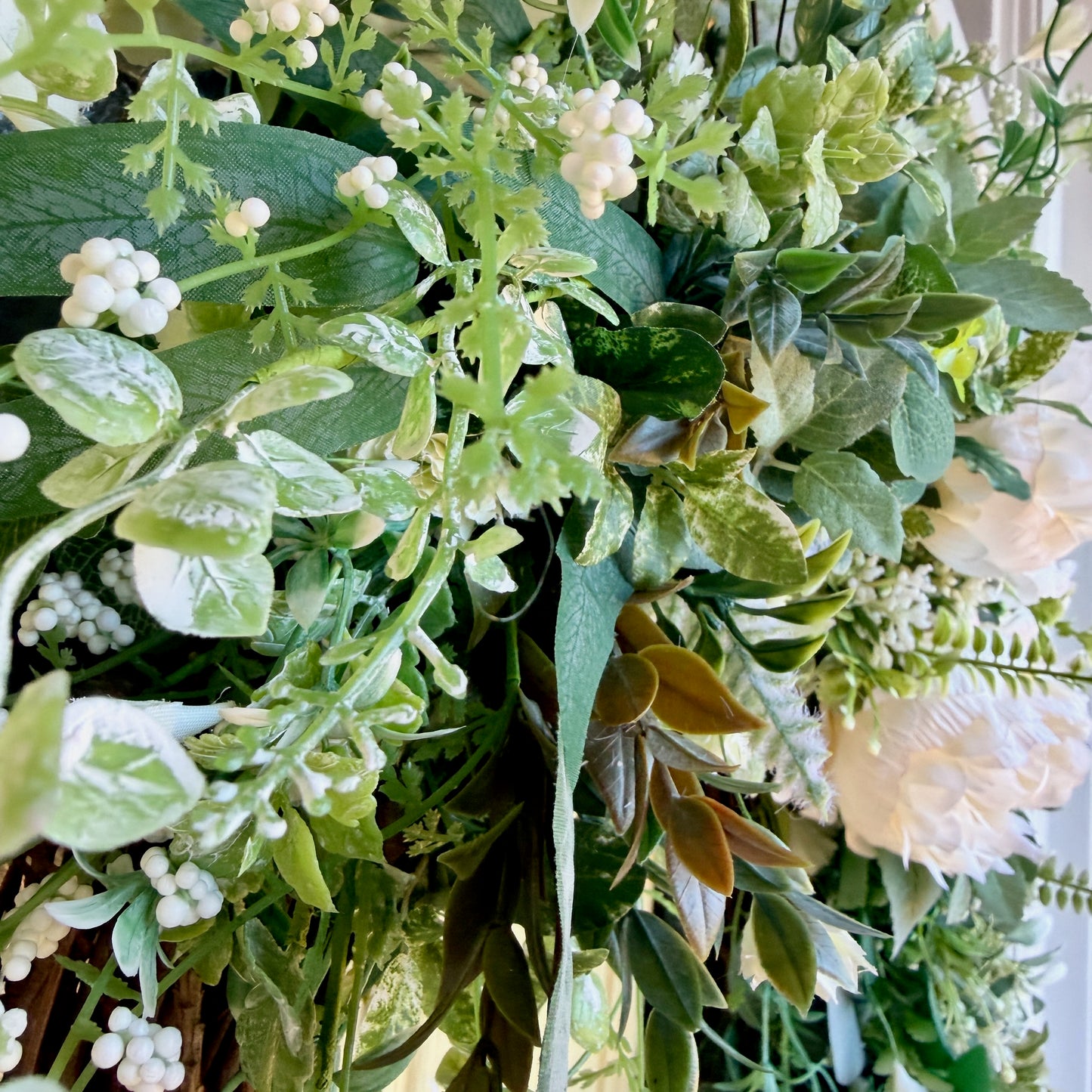 Ivory Peony & Greenery Grapevine Wreath – Elegant Neutral Spring Front Door Decor