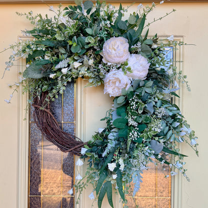 Ivory Peony & Greenery Grapevine Wreath – Elegant Neutral Spring Front Door Decor