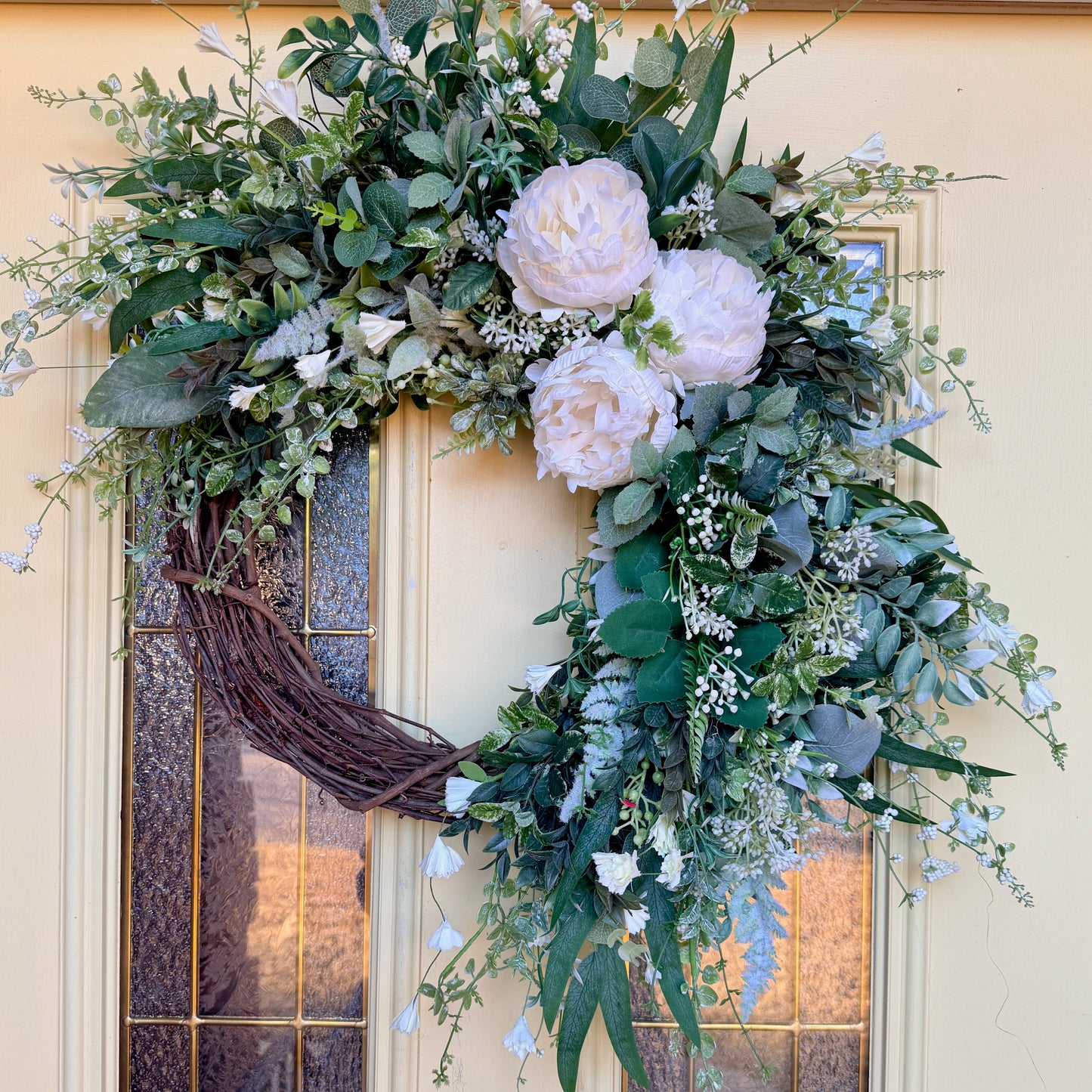 Ivory Peony & Greenery Grapevine Wreath – Elegant Neutral Spring Front Door Decor
