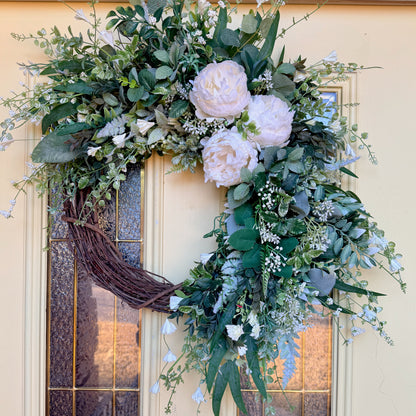 Ivory Peony & Greenery Grapevine Wreath – Elegant Neutral Spring Front Door Decor