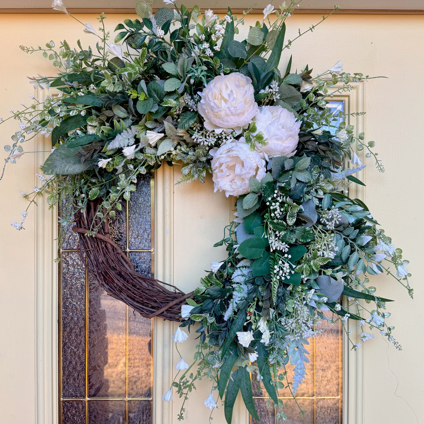 Ivory Peony & Greenery Grapevine Wreath – Elegant Neutral Spring Front Door Decor