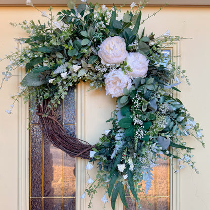 Ivory Peony & Greenery Grapevine Wreath – Elegant Neutral Spring Front Door Decor