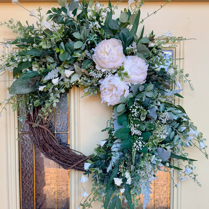 Ivory Peony & Greenery Grapevine Wreath – Elegant Neutral Spring Front Door Decor