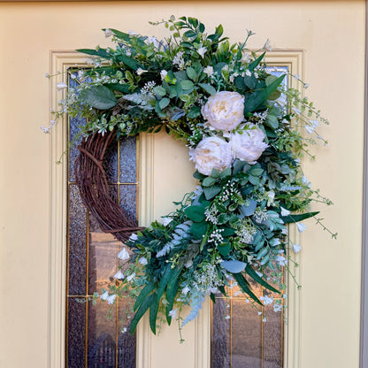 Ivory Peony & Greenery Grapevine Wreath – Elegant Neutral Spring Front Door Decor
