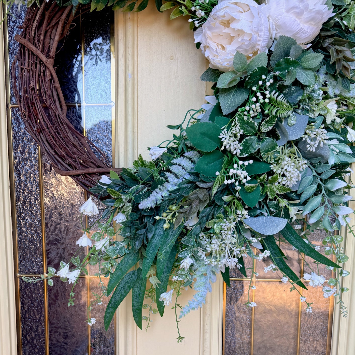 Ivory Peony & Greenery Grapevine Wreath – Elegant Neutral Spring Front Door Decor