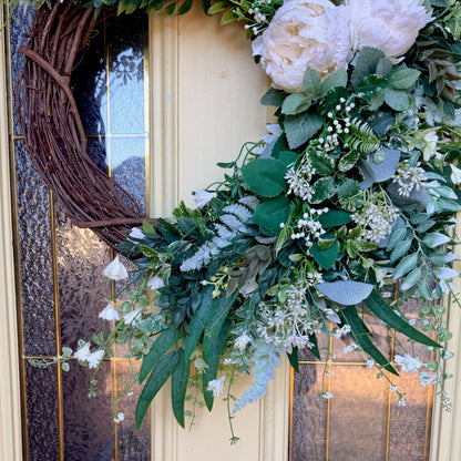 Ivory Peony & Greenery Grapevine Wreath – Elegant Neutral Spring Front Door Decor