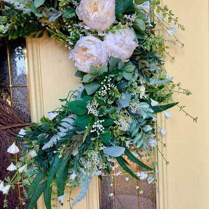 Ivory Peony & Greenery Grapevine Wreath – Elegant Neutral Spring Front Door Decor